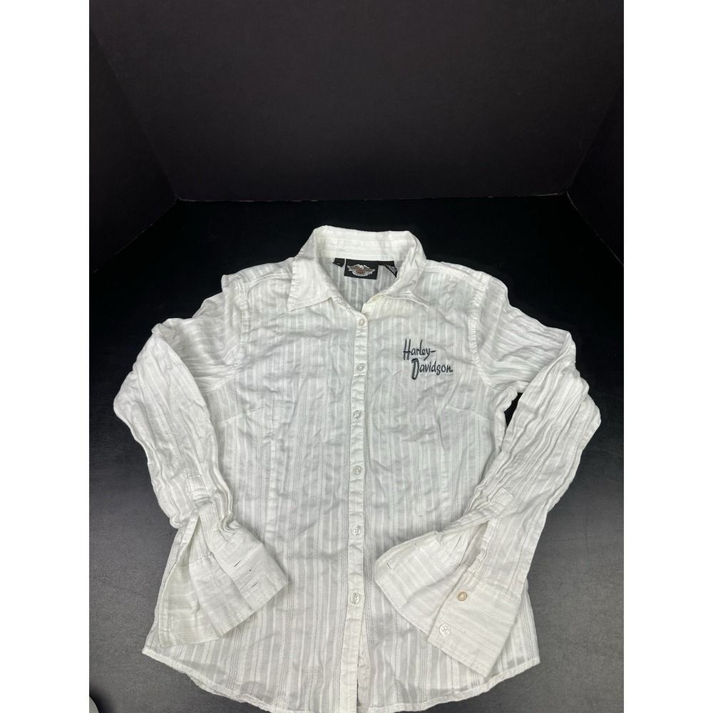 Harley Davidson Womens Shirt Medium Button Down Long Sleeve White Lightweight